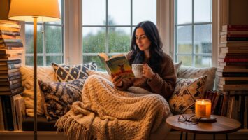 woman reading book in cozy reading nook