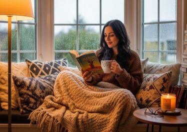 woman reading book in cozy reading nook
