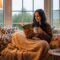 woman reading book in cozy reading nook