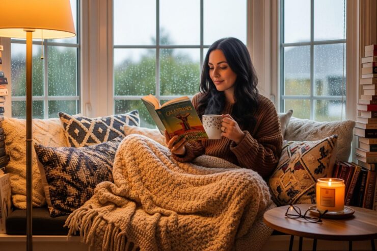 woman reading book in cozy reading nook