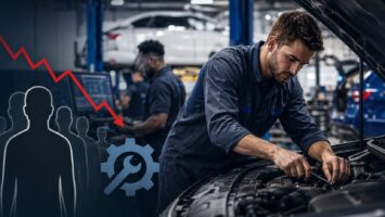 automotive technician working on complex vehicle as dealerships face growing skilled worker shortage